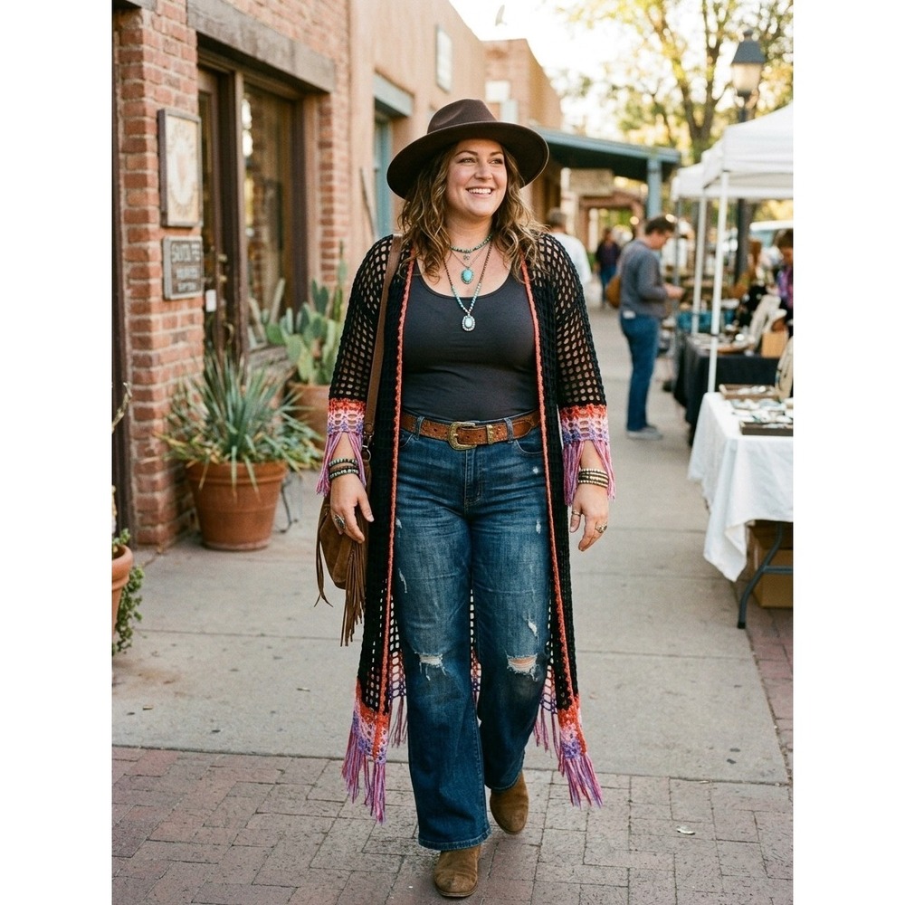 Bloomchic Crochet Long Duster Cardigan Fringe Whimsigoth 70s Bohemian Size 26